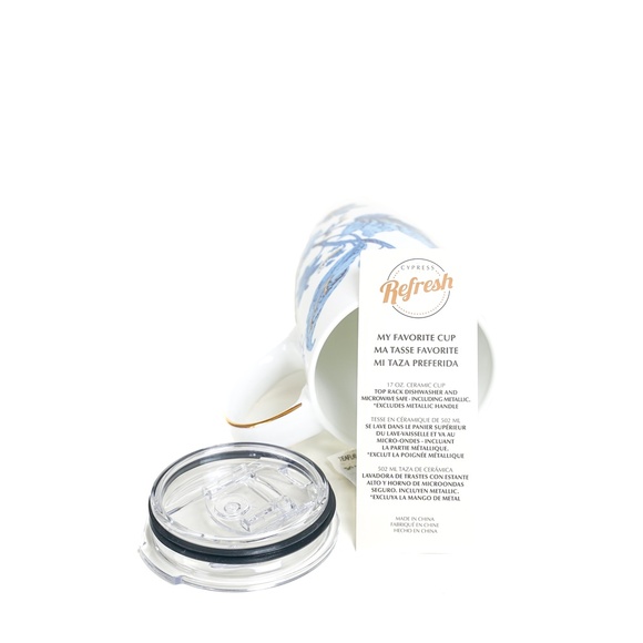 Travel Mug Ceramic Floral Blue White Gold Metallic 17 oz - Picture 5 of 7